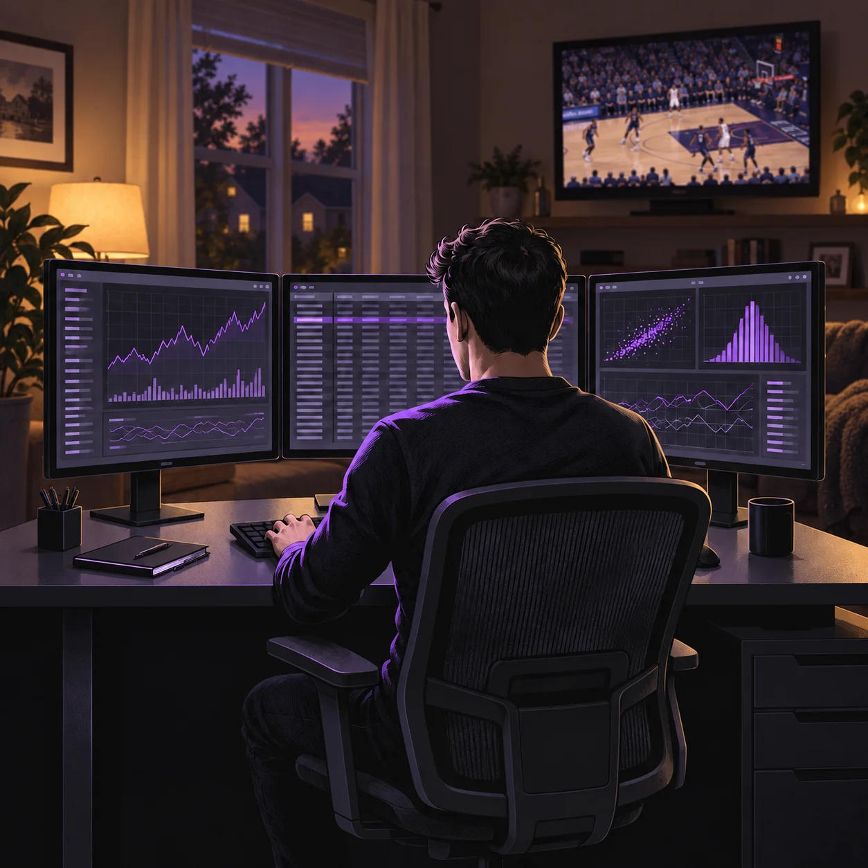 An individual at a three-monitor analysis workstation in a suburban home, with basketball playing on a TV in the background.